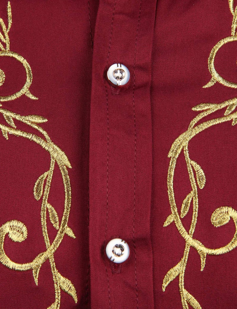 ZEROYAA Mens Hipster Design Golden Floral Embroidery Slim Fit Long Sleeve Mandarin Collar Shirts Tops ZZCL08 Burgundy Medium - Image 3